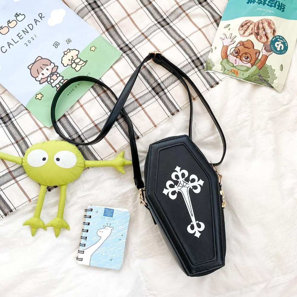 Gothic PU Leather Bag Women’s Crossbody Coffin Shape Bag Cell Phone Purse Small - Picture 2 of 7
